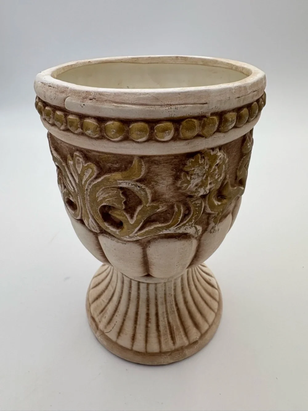 Vintage Grecian Style Cream and Golden Brown Ceramic Pedestal Vase or Planter